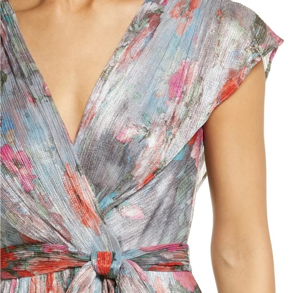 NWT Eliza J Metallic Floral Drape Shoulder Gown (Size 2) - Picture 2 of 6